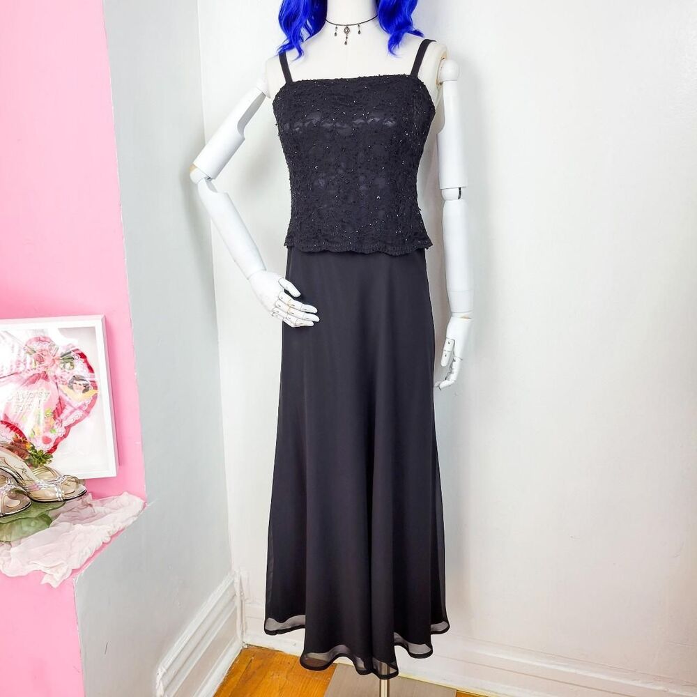 Vintage 90s/Y2K Black Lace Bodice Chiffon Maxi Gown